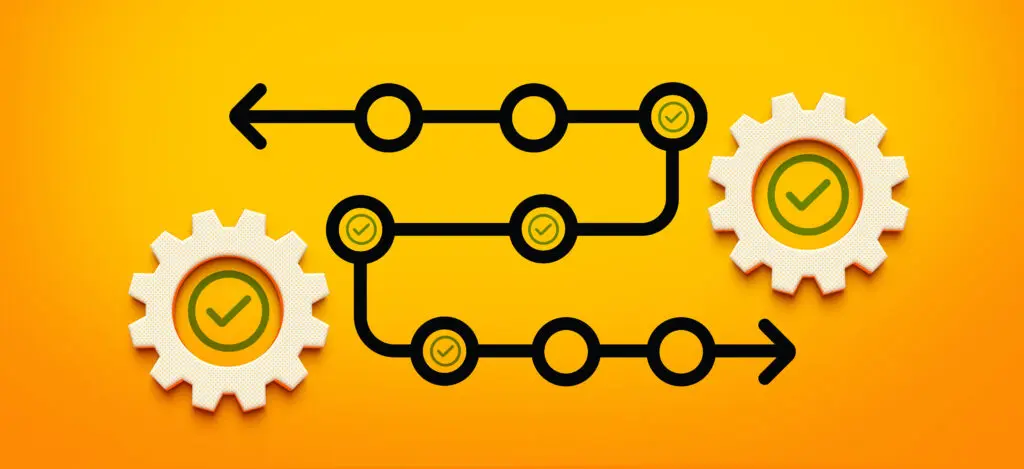 Illustration of two parallel production lines with gears on a yellow background.