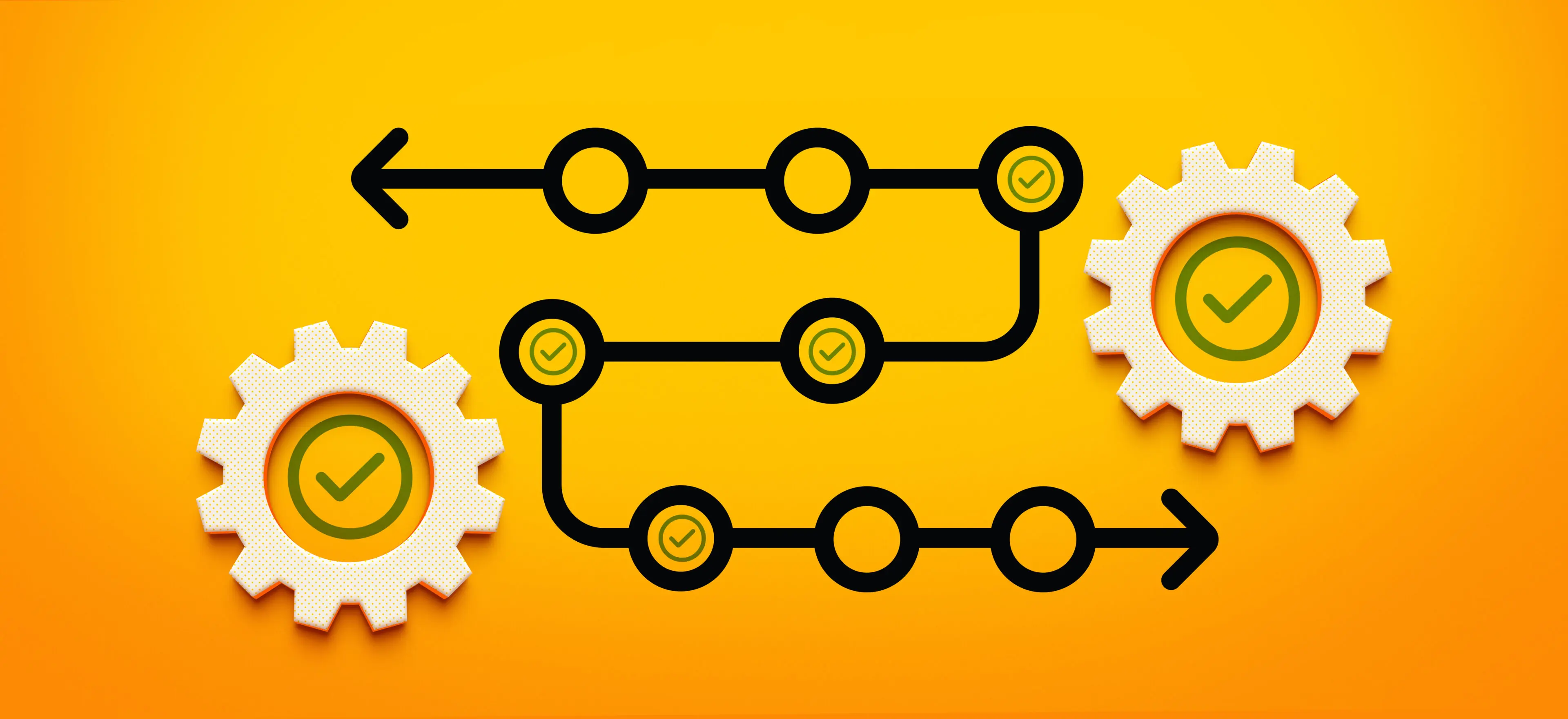 Illustration of two parallel production lines with gears on a yellow background.