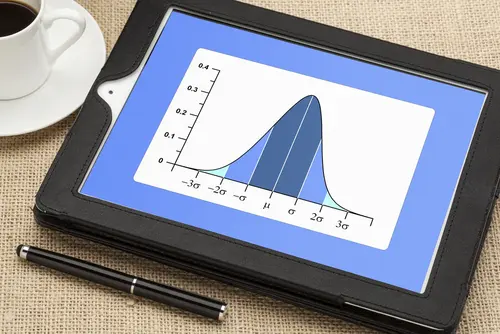 A tablet displaying a bell curve with shaded areas and a pen nearby.