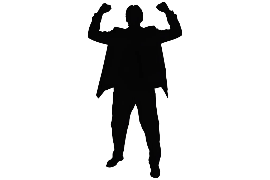 Silhouette of a person flexing muscles with arms raised.