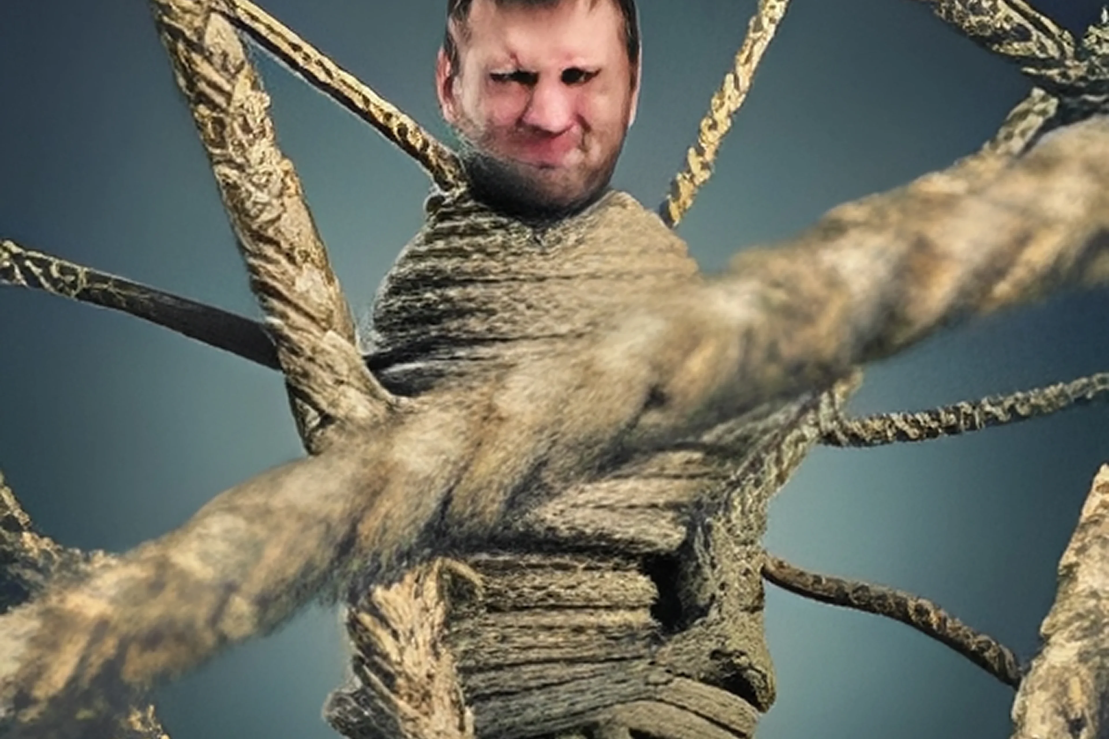 A man's face edited onto a noose with a distressed expression.