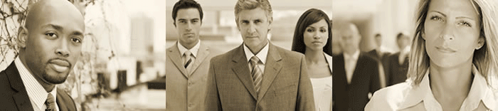 Three serious business professionals in suits.