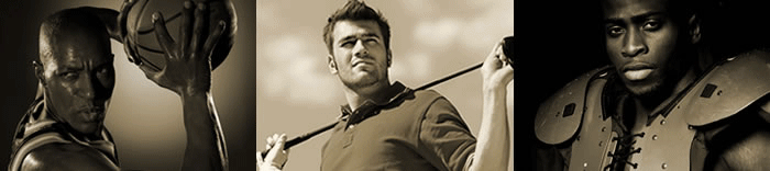 Man in suit holding a golf club, looking determined.